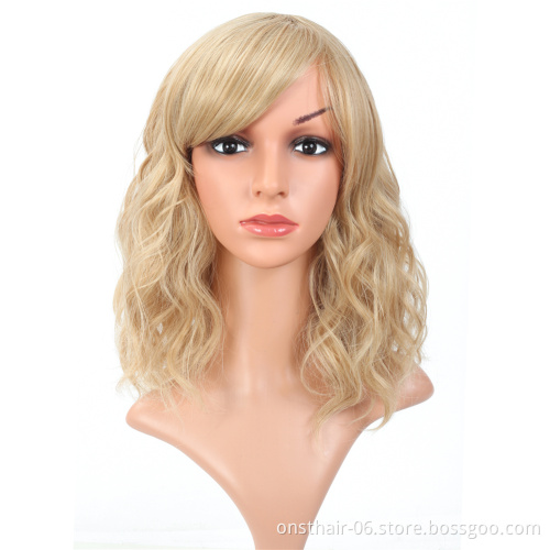 MYZYR own brand wig high-quality heat-resistant synthetic wig 16 inches, fluffy wavy bangs wig, noble gold artificial wig